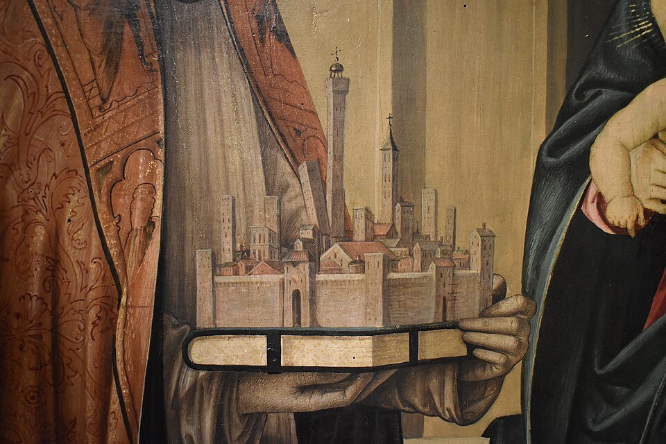 Lorenzo Costa, Madonna in trono col Bambino tra i santi Petronio e Tecla, dettaglio, Bologna, pinacoteca nazionale