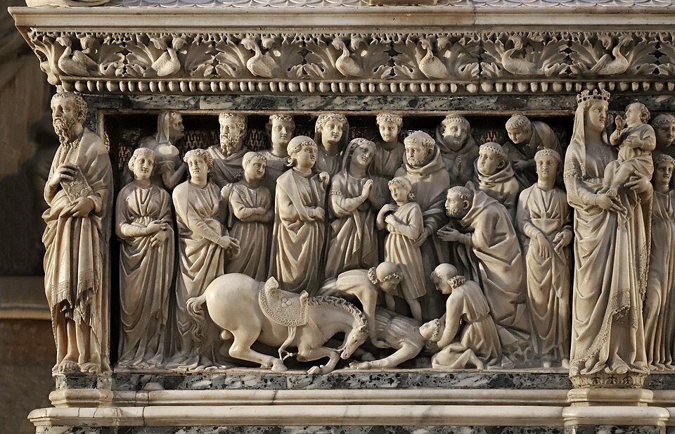 Autori vari, arca di san domenico, cassa del sarcofago di nicola pisano e allievi, 02 resurrezione di napoleone orsini 1